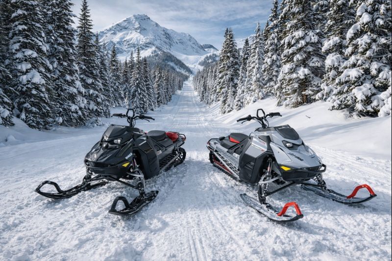 Two Ski-Doo snowmobiles parked on winter mountain trail in British Columbia