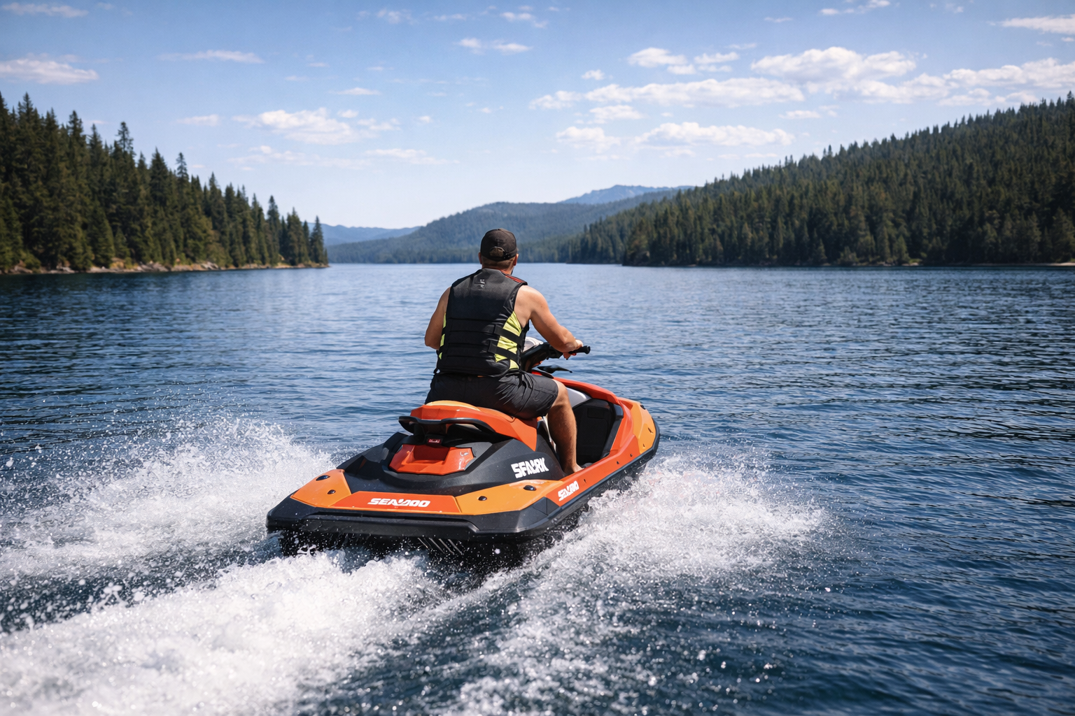 Single rider on Sea-Doo jet ski accelerating across lake