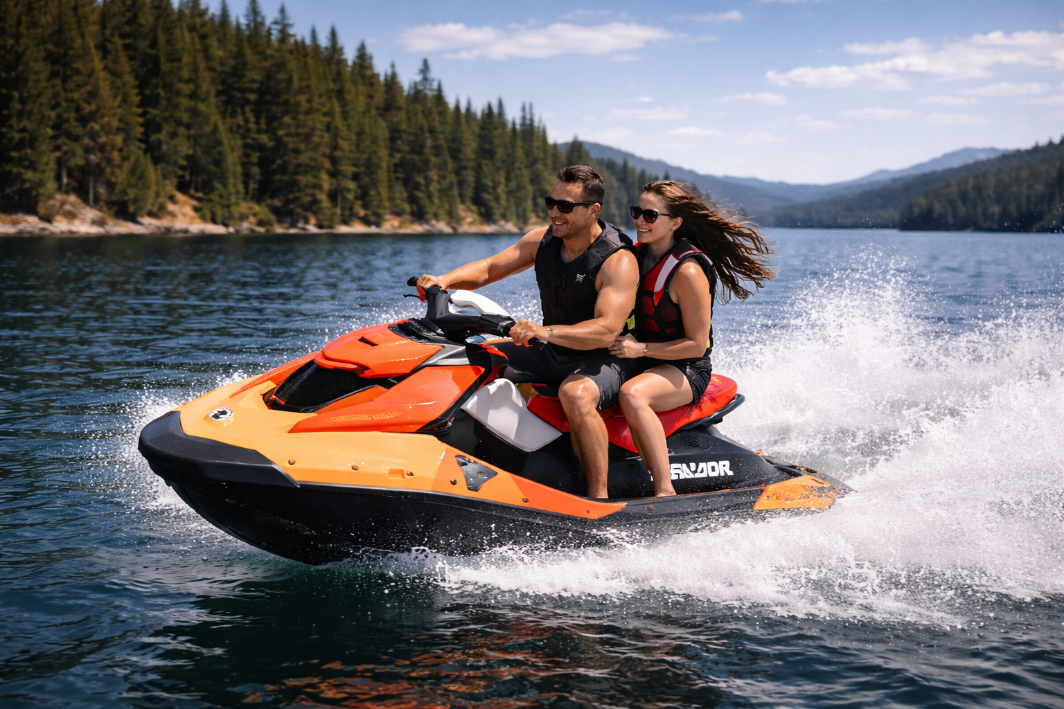 Couple riding Sea-Doo personal watercraft on Shuswap Lake