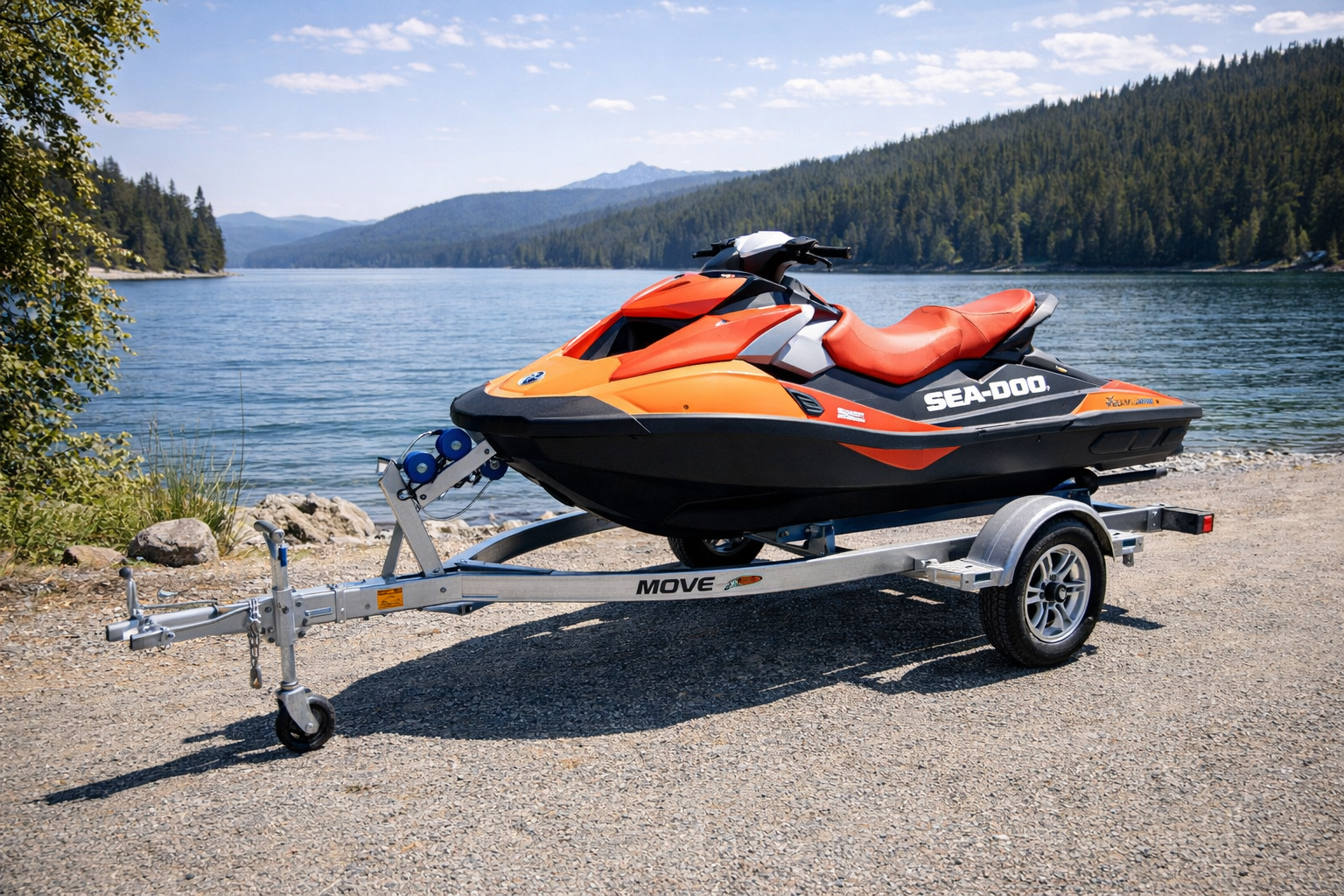 Sea-Doo personal watercraft parked on trailer near lake