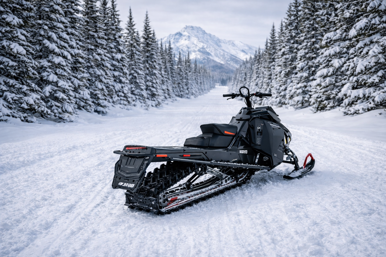 Rear view of Ski-Doo Summit snowmobile on winter trail in BC backcountry
