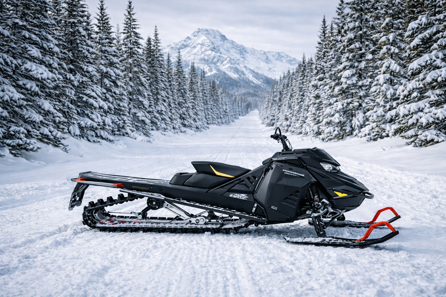 Ski-Doo mountain snowmobile on snowy forest trail with alpine peaks in British Columbia