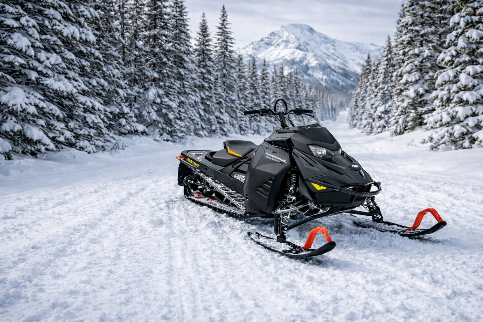 Ski-Doo Summit X snowmobile parked on groomed mountain trail in British Columbia winter backcountry